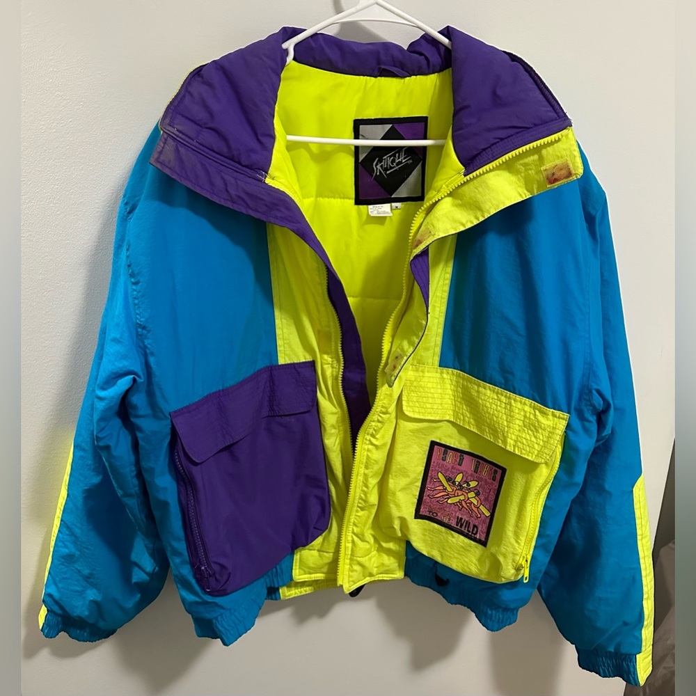 Skitique Board Tribes vintage color block ski snow jacket medium blue yellow 90s